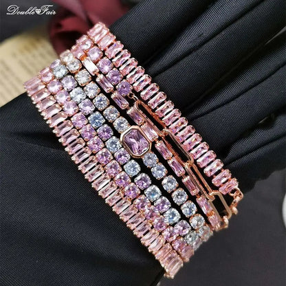 Romantic Pink Crystal Tennis Bracelets for Female Women Trend Shiny Zirconia Adjustable Folding Buckle Chain on Hand Jewelry