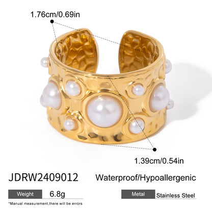 Zora Women's Fashion Elegant Pearl Open Ring 18K Gold-plated Stainless Steel Ring Jewelry for Party Vacation
