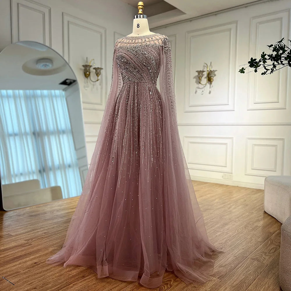 Luxury Caramel Evening Dress with Cape Long Sleeve Beaded Formal Gown for  Occasion Serene Hill 2025 LA72994 Customized