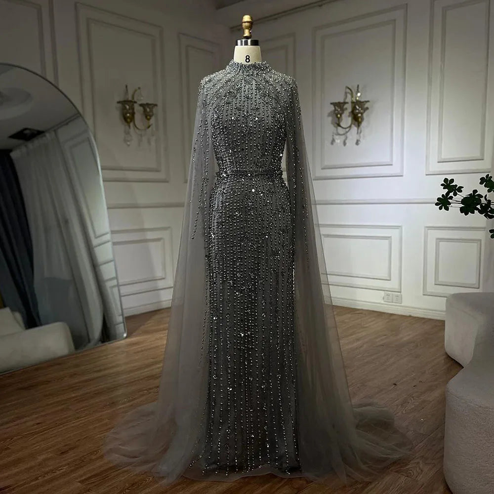 Muslim Nude Mermaid Cape Sleeves Pearls Beaded Luxury Dubai Evening Dresses Gowns 2025 Wedding Party LA72372 Customized