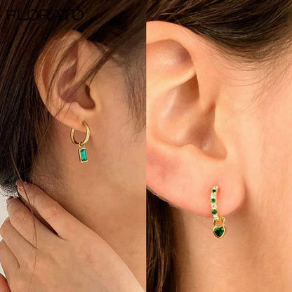 925 Sterling Silver Needle Luxury Green Zircon Pendant Earrings Trend Gold Color Small Hoop Earrings for Women Fashion Jewelry
