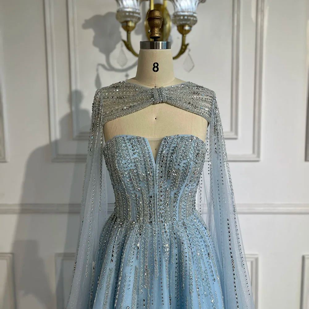 Serene Hill 2025 Arabic Blue Cape  A-Line Beaded Evening Dresses Long Celebrity Gowns  LA72427 Customized