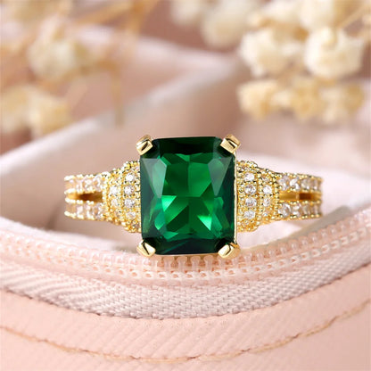 Green Crystal Square Stone Engagement Rings For Women Yellow Gold Color Wedding Band Jewelry May Birthstone Mother's Day Gifts