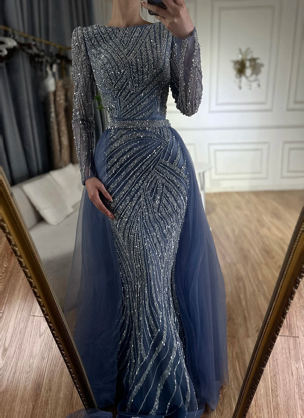 Serene Hill  Mermaid Beaded  Blue Muslim  Evening Dresses Gowns  with Detachable Skirt 2025  LA71750 Customized