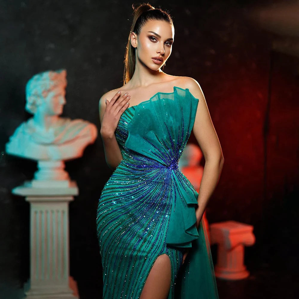 Serene Hill Dubai Green Beaded Mermaid High Split Evening Dresses 2025 Prom  For Party LA72090 Customized