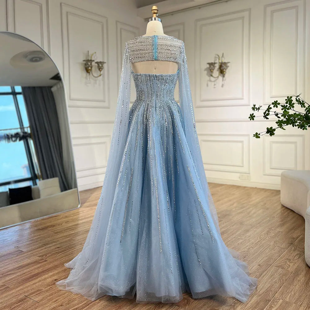 Serene Hill 2025 Arabic Blue Cape  A-Line Beaded Evening Dresses Long Celebrity Gowns  LA72427 Customized