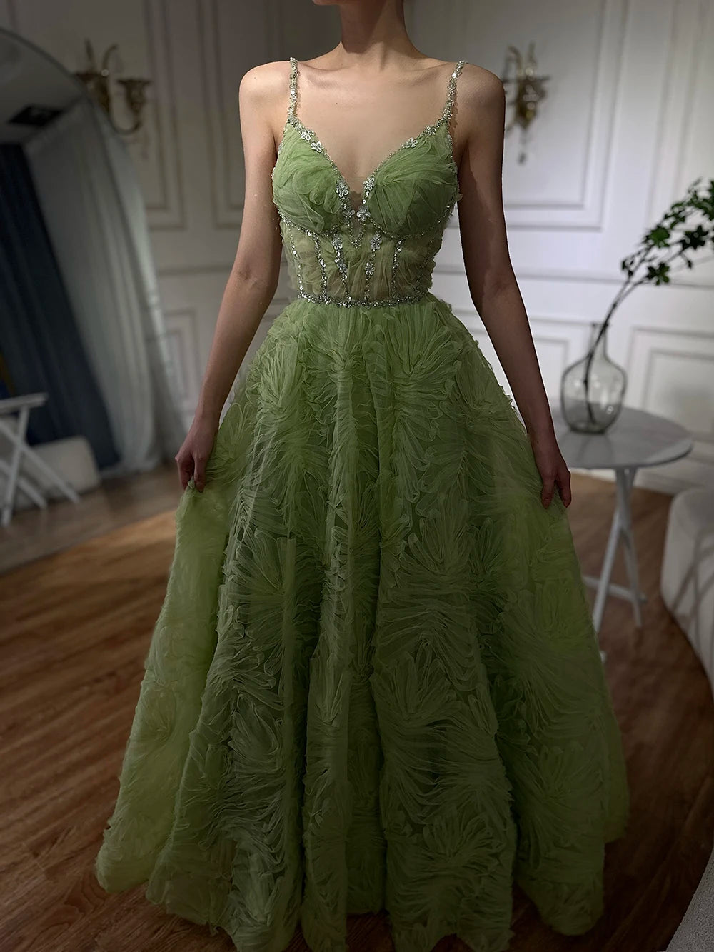 Serene Hill 2025 Arabic Sage Green  Spaghetti Strap Backless A-Line Prom Dress for  | Wedding Party LA72636 Customized