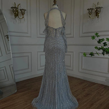 Serene Hill Arabic Gray Decorative Halter Mermaid Evening Dresses Beaded Dress For Formal Occasion LA72651 Customized 2025