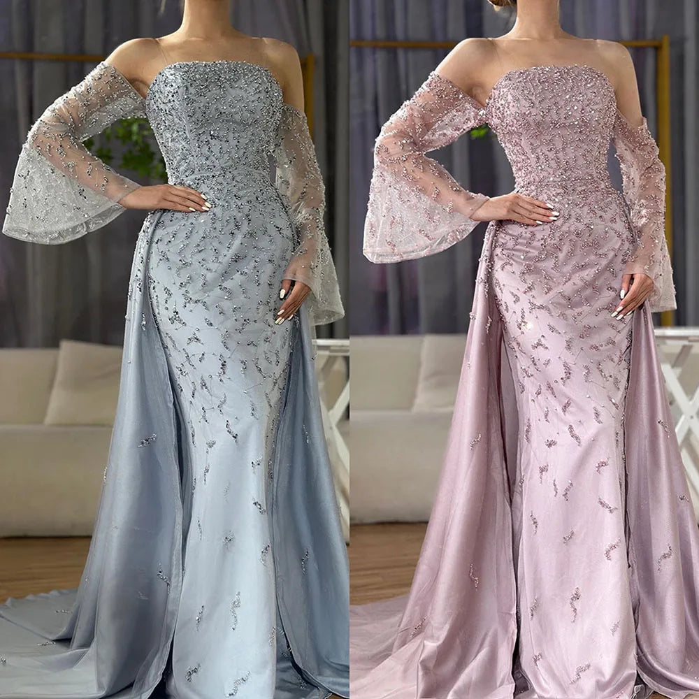 Serene Hill Customized 2025 Arabic Strapless Gray Blue Beaded Pearls Dubai Evening Dresses For Formal Occasion LA72705