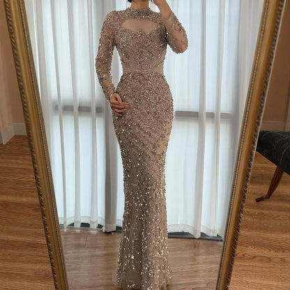 Luxury Caramel Beaded Evening Dress with High Neck Long Sleeves Mermaid Gown Serene Hill 2025 Customized LA71747A