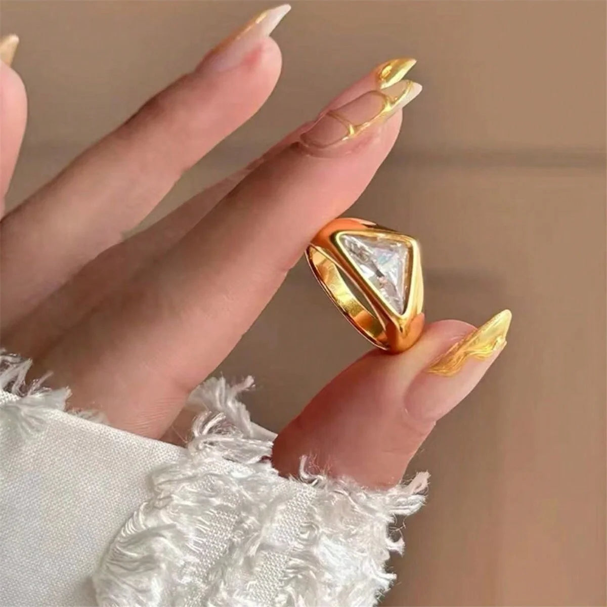 Vintage 18K Gold Plated Stainless Steel Zircon Triangular Square Oval Ring for Women Fashion Party Gift