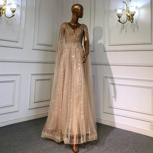 Nude Arabic Luxury Cape Sleeves Evening Dresses Gowns A-Line Beaded 2025 For Party LA71567 Customized