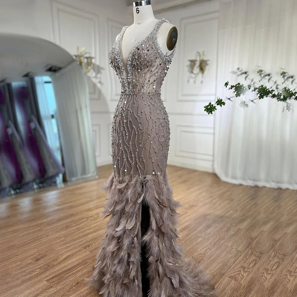 Serene Hill Pink Mermaid High Split Evening Dresses Feather Beaded Gowns Long 2025 For Women Wedding Party LA72152 Customized