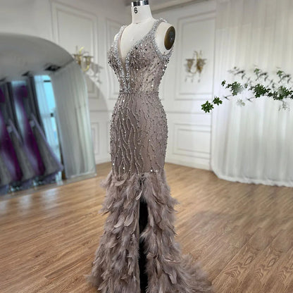 Serene Hill Pink Mermaid High Split Evening Dresses Feather Beaded Gowns Long 2025 For Women Wedding Party LA72152 Customized