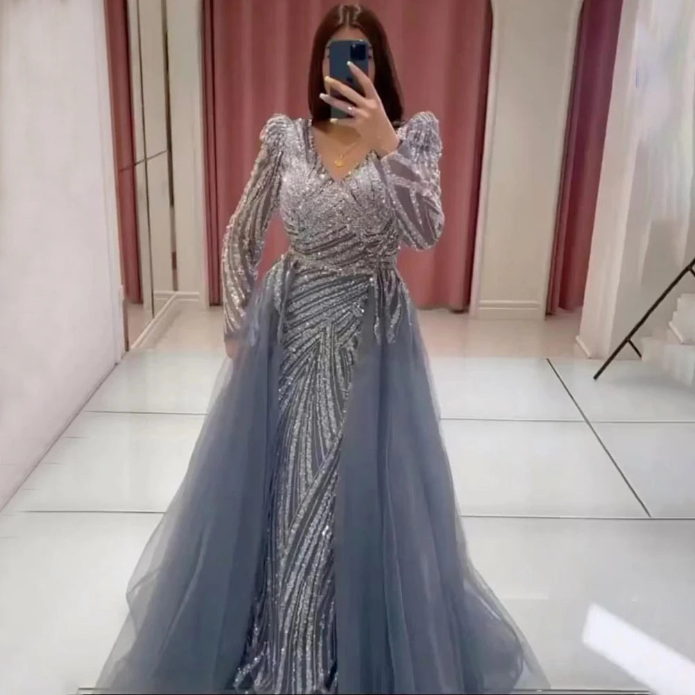 Serene Hill  Mermaid Beaded  Blue Muslim  Evening Dresses Gowns  with Detachable Skirt 2025  LA71750 Customized