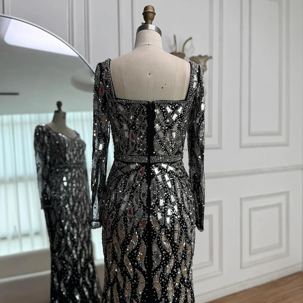 Luxury Black Silver Long Sleeve Evening Dress with Sequins Elegant Mermaid Gown for Women 2025 Serene Hill Customized LA73113