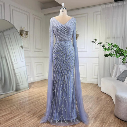 Serene Hill Arabic Mermaid Blue Beaded  Cape   Evening Dress Gown  2025 LA71493A Customized