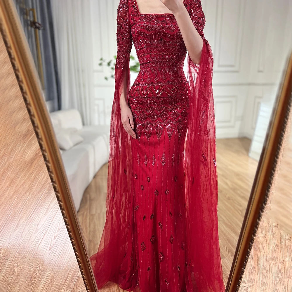 2025 Caramel With Beaded Cape Sleeves Design Mermaid Long Evening Dresses Gowns For Women's Wedding Party LA72355A Customized