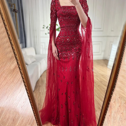 2025 Caramel With Beaded Cape Sleeves Design Mermaid Long Evening Dresses Gowns For Women's Wedding Party LA72355A Customized