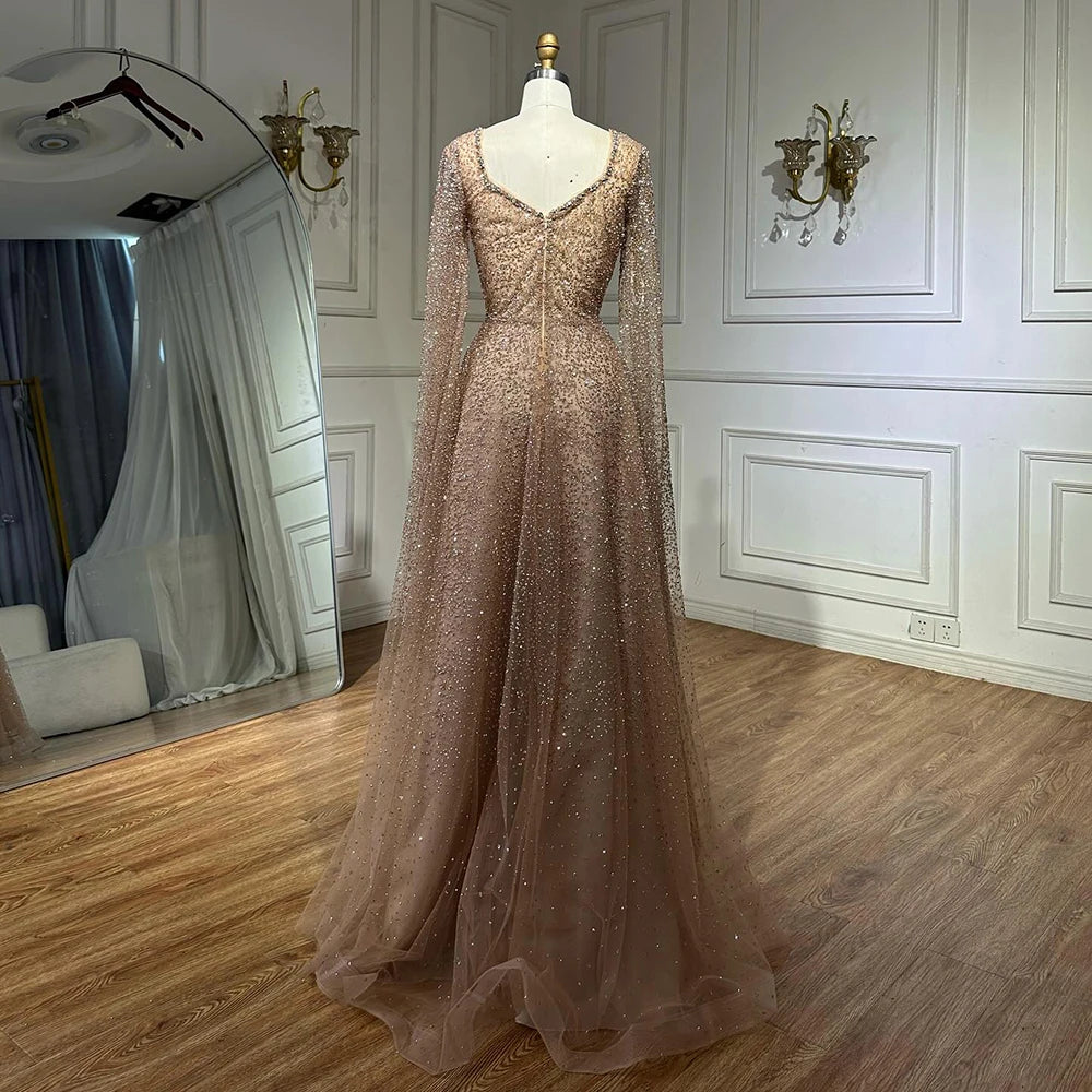 Serene Hill 2025 Customized Saudi Arabic Caramel Beaded Cape Sleeves A Line Evening Dresses For Formal Occasion LA72147A