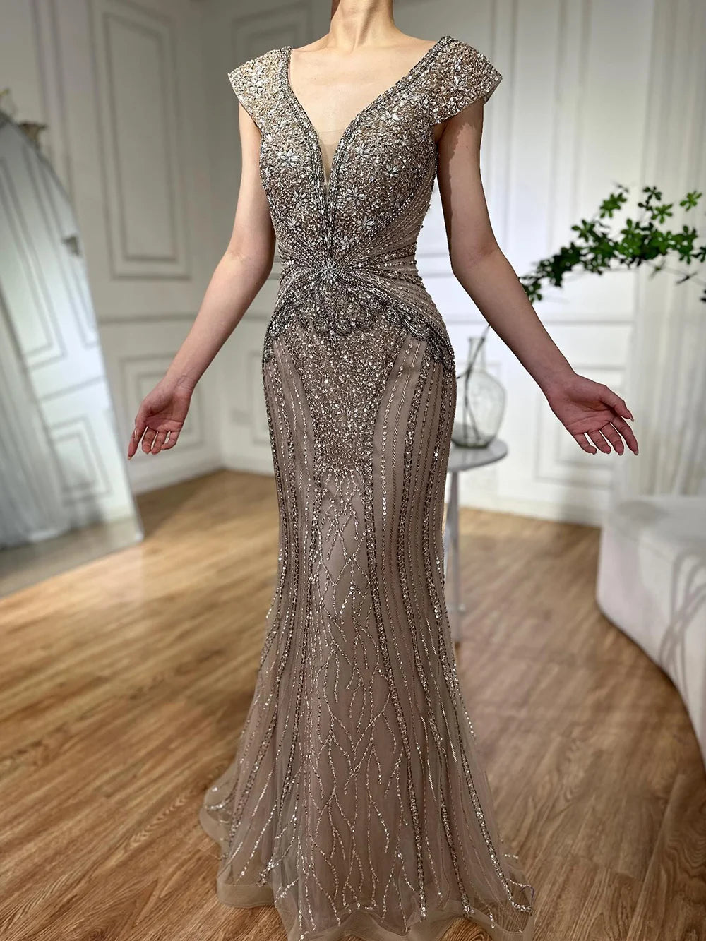 Customized Dubai Caramel Elegant Sleeveles Mermaid Beaded Arabic Evening Dresses Gowns For Women Wedding Party 2025 LA72456