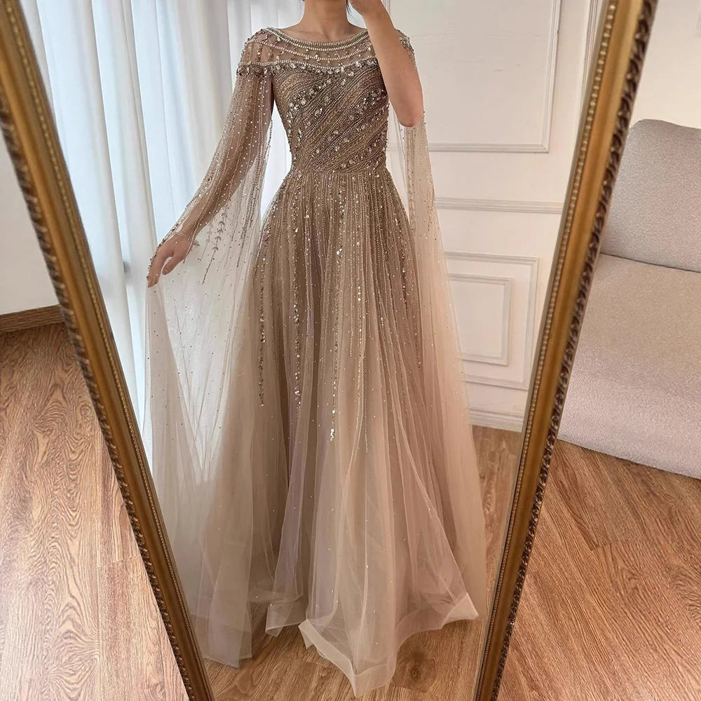 Luxury Caramel Evening Dress with Cape Long Sleeve Beaded Formal Gown for  Occasion Serene Hill 2025 LA72994 Customized