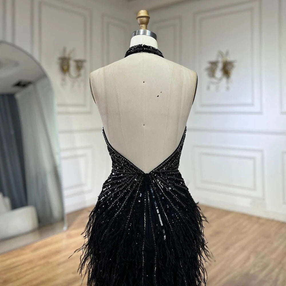 Serene Hill Dubai Halter Beige  Feathers Beaded Formal Luxury Mermaid Evening Dresses For Women Wedding Party 2025 LA70623A