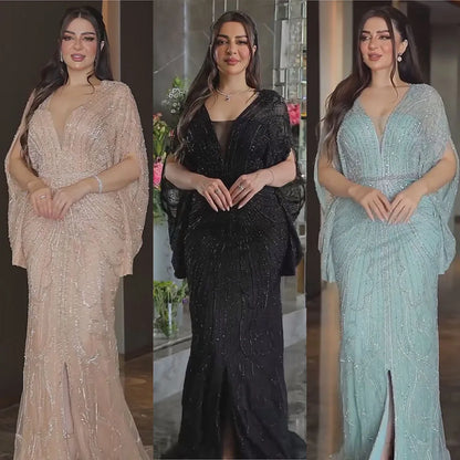 Serene Hill Arabic Gold Elegant Mermaid Black  Beaded Evening Dresses Gowns Diamond For Party 2025 LA72288A Customized