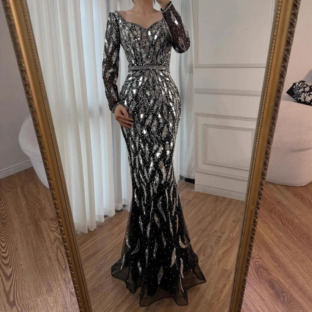 Luxury Black Silver Long Sleeve Evening Dress with Sequins Elegant Mermaid Gown for Women 2025 Serene Hill Customized LA73113