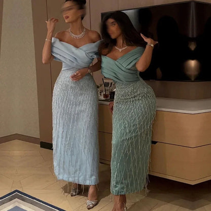 Customized Prom Dresses Classic Exquisite High Quality Jersey Pleat Tassel Straight V-neck Midi Dress Fashion Formal Party Gown