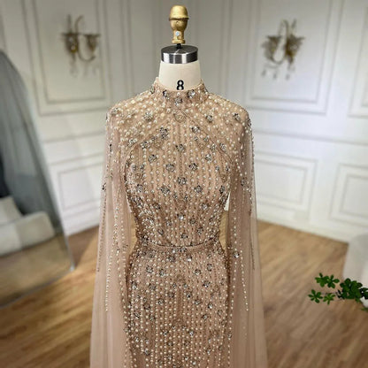 Muslim Nude Mermaid Cape Sleeves Pearls Beaded Luxury Dubai Evening Dresses Gowns 2025 Wedding Party LA72372 Customized