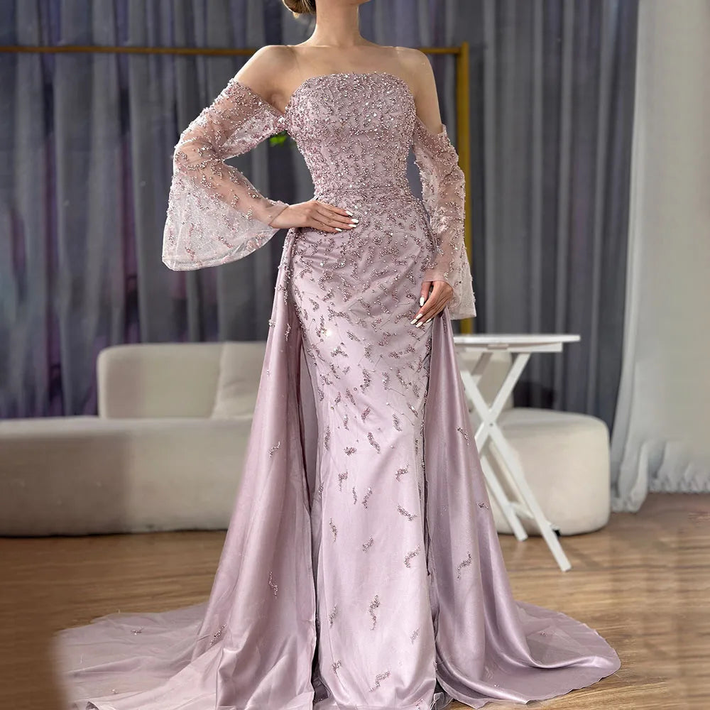 Serene Hill Customized 2025 Arabic Strapless Gray Blue Beaded Pearls Dubai Evening Dresses For Formal Occasion LA72705