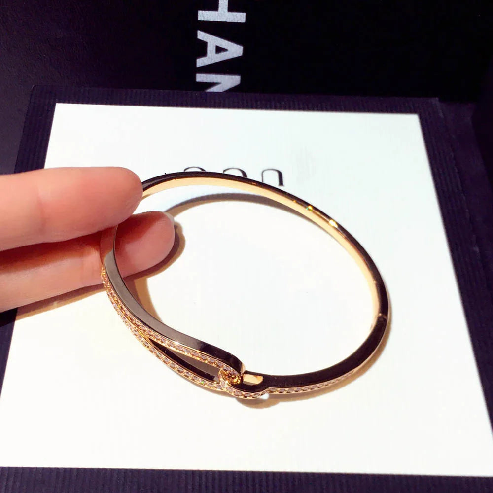 14k Real Gold Trend Fashion Simple Micro Inlaid Zircon Word Lady Bracelets for Women Temperament Exquisite Luxury Bangle Jewelry