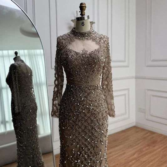 Luxury Caramel Beaded Evening Dress with High Neck Long Sleeves Mermaid Gown Serene Hill 2025 Customized LA71747A