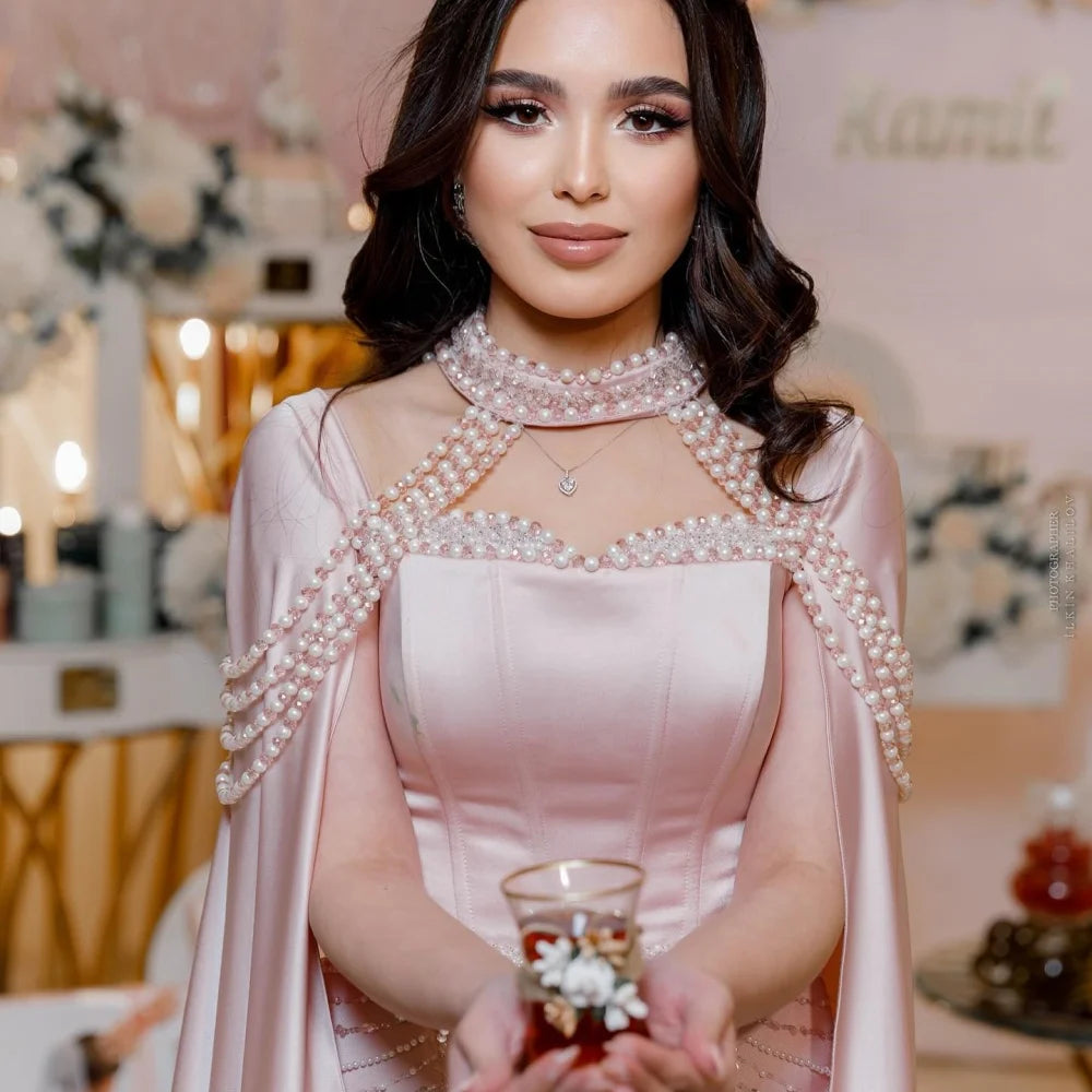 Bella Customized Champagne Beaded With a Shawl robes de soirée Strapless Satin Pearls Party Dresses Floor-Length Prom Dress 2025