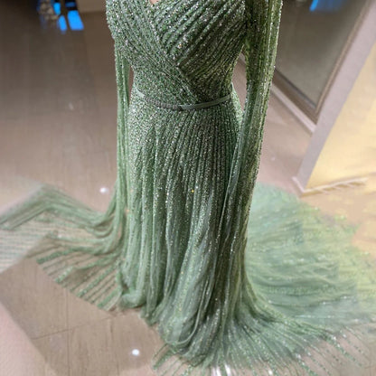 Serene Hill Mint Cape Sleeves A Line Beaded  Dubai Evening Dresses Long 2025 Celebrity Gowns For  Party LA71865 Customized