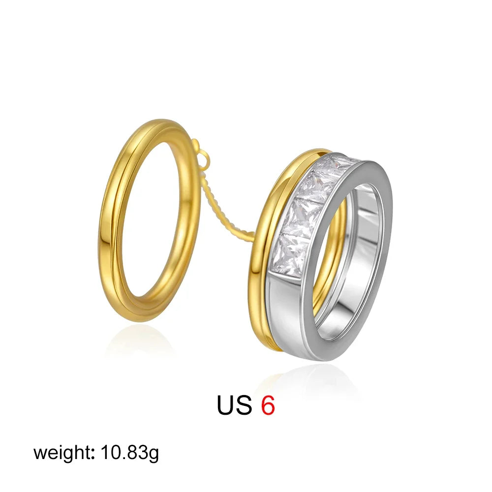 Fashion CZ Zircon Stainless Steel Double Layer Chain Ring for Women Gold Plated Tassel Link Ring Hip Hop Jewelry Waterproof