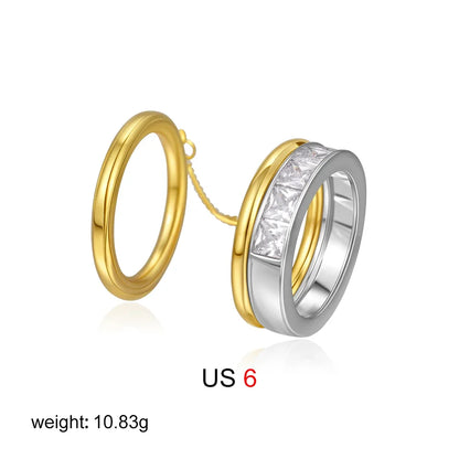 Fashion CZ Zircon Stainless Steel Double Layer Chain Ring for Women Gold Plated Tassel Link Ring Hip Hop Jewelry Waterproof