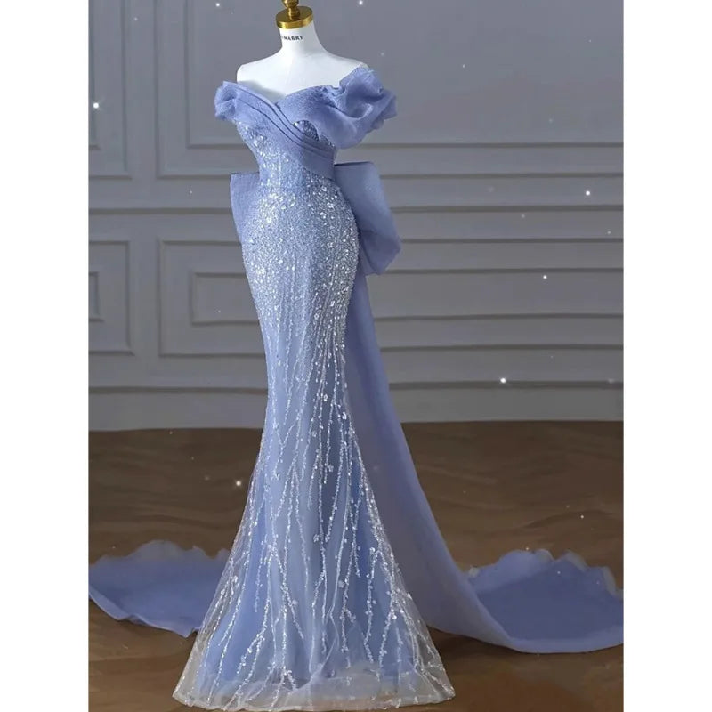 Woman's Dress High Dress Off-Shoulder Blue Evening Dress Light Luxury Niche Mermaid Sequin Host Elegant Party Dress