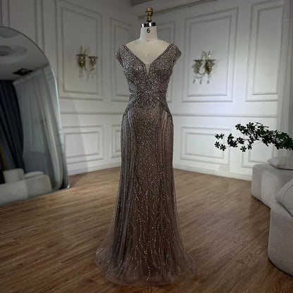 Customized Dubai Caramel Elegant Sleeveles Mermaid Beaded Arabic Evening Dresses Gowns For Women Wedding Party 2025 LA72456