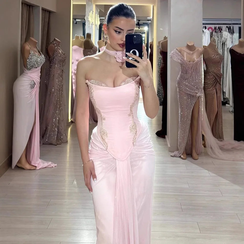Serene Hill 2025 Customized Pink Strapless Draped Satin Evening Dress with Rose Neck Detail for Formal Party LA72946