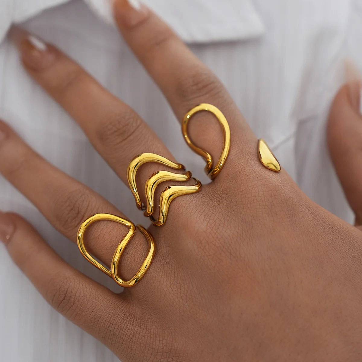 Stainless Steel Irregular Wave Rings For Women Creative Gold Color Adjustable Open Ring Female Jewelry Punk Rapper Anillos Gifts