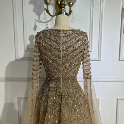 Customized 2025 Arabic Caramel Elegant A-Line Beaded Long Evening Dresses Gowns With Cape Sleeves For Formal Occasio LA72750