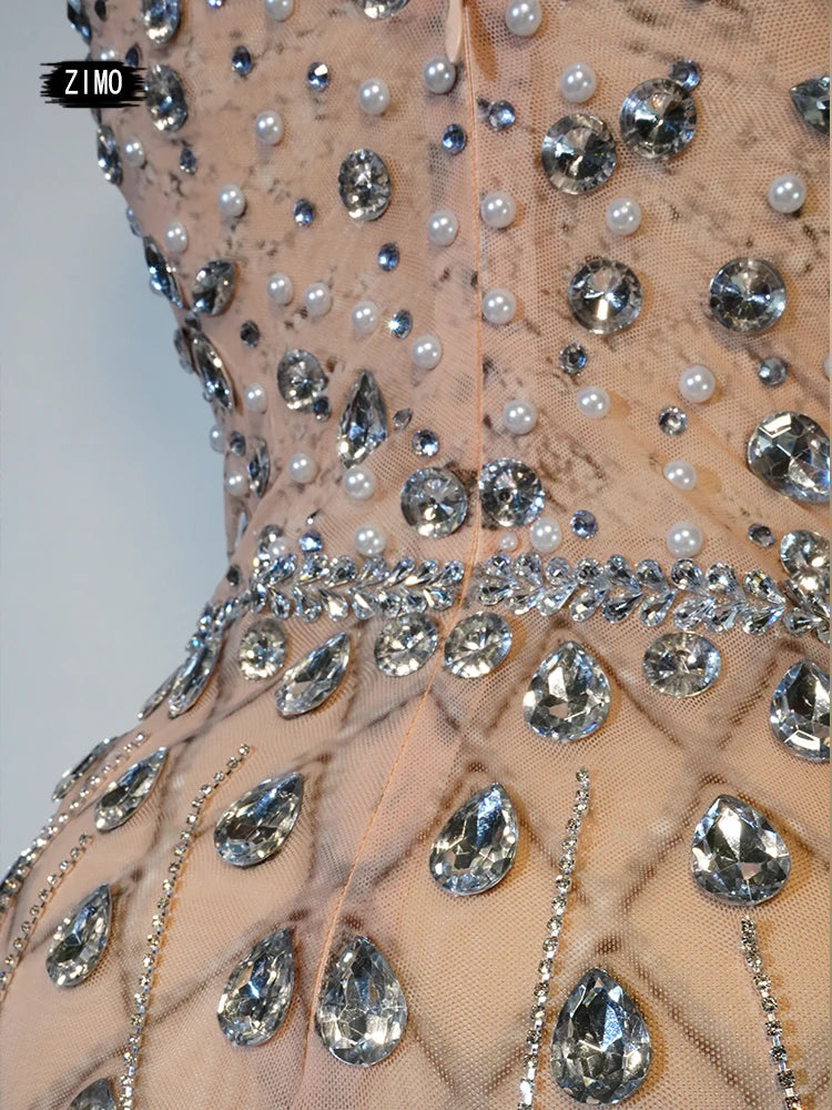 luxury Bright Crystal Dress Sexy Luxury Beaded Rhinestone Tulle Evening Prom Party Dress Noble Shooting Wedding Wedding Dresses