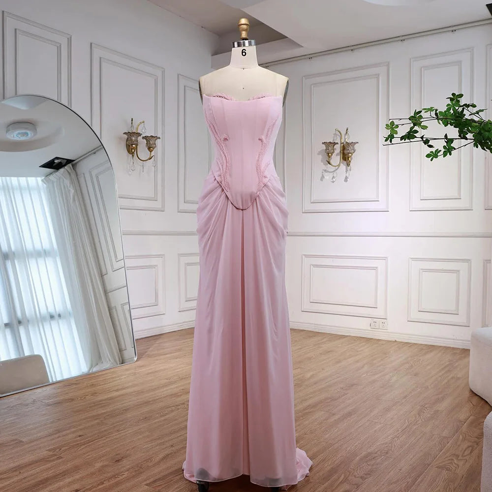 Serene Hill 2025 Customized Pink Strapless Draped Satin Evening Dress with Rose Neck Detail for Formal Party LA72946