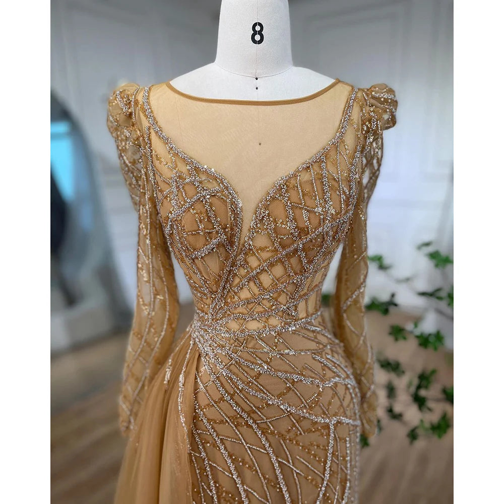 Serene Hill Muslim Gold Mermaid Beaded  Dubai Evening Dresses Gowns With Overskirt 2025 For  Party LA72206 Customized