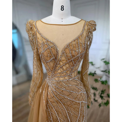 Serene Hill Muslim Gold Mermaid Beaded  Dubai Evening Dresses Gowns With Overskirt 2025 For  Party LA72206 Customized