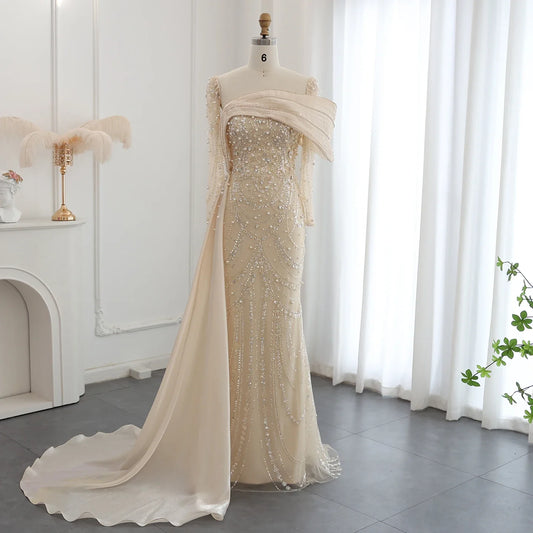 Sharon Said Nude Luxury Crystal Mermaid Evening Dress with Overskirt Long Sleeve Dubai Wedding Formal Prom Gown SS256 Customized