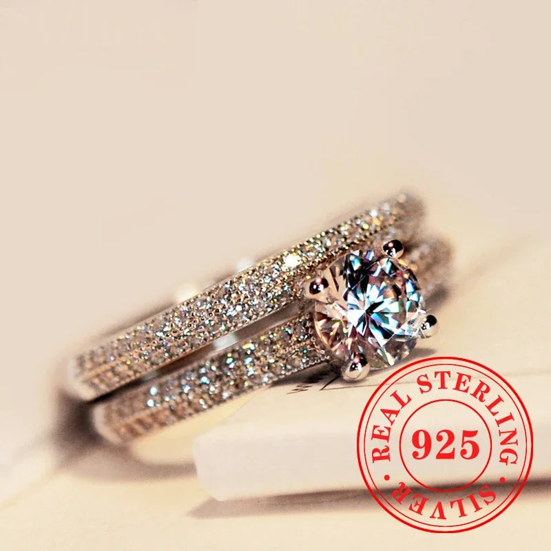 CAOSHI Sparkling Fully Inlaid Zirconia 2Pc/Set Rings 925 Sterling Silver Absolutely Stunning  Jewelry Engagement Women Jewelry