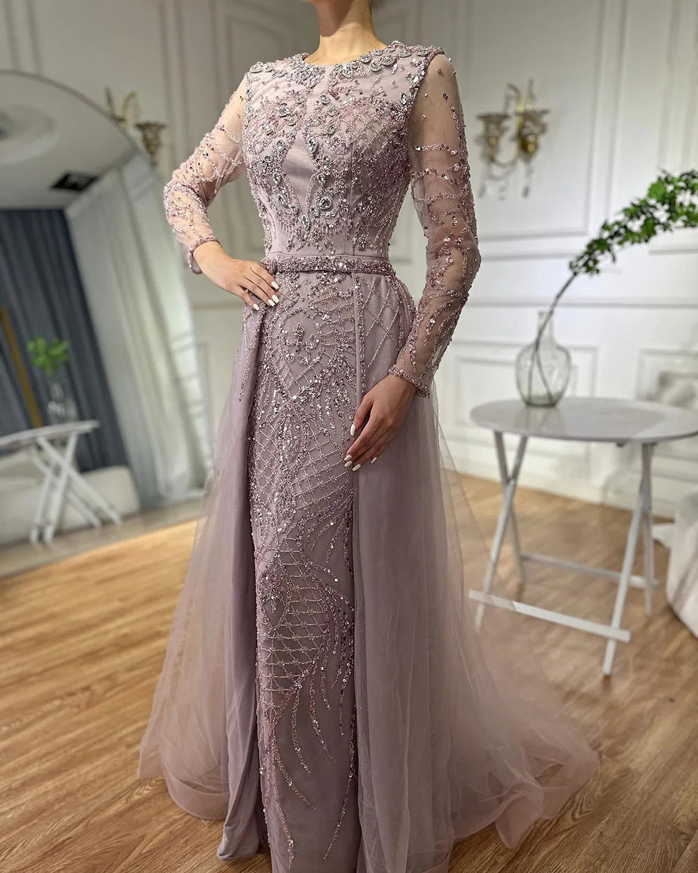 Serene Hill Muslim Silver Nude Mermaid Gown with Detachable Overskirt Beaded Evening Dress for Women Wedding Party 2025 LA71919